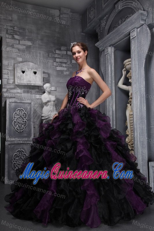 Dark Purple and Black Quinceanera Dress with Boning Details and Ruffles