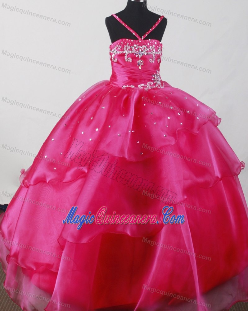 Beaded Fuchsia Organza Straps Little Girl Pageant Dresses in Alabama