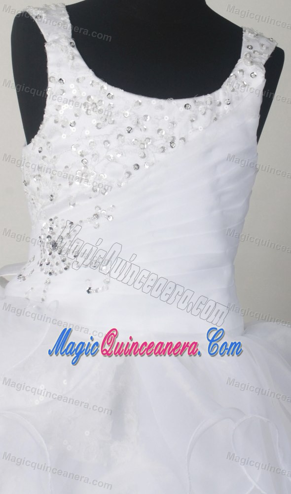 Kansas White Little Girl Pageant Dresses With Beading and Ruffled Layers