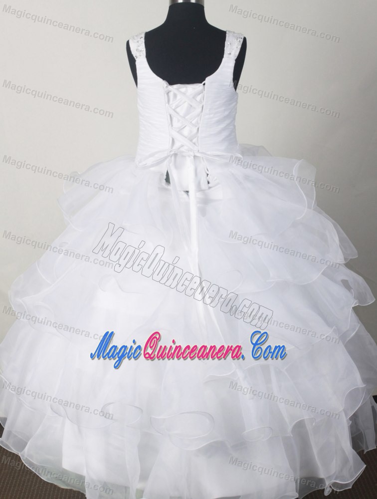 Kansas White Little Girl Pageant Dresses With Beading and Ruffled Layers