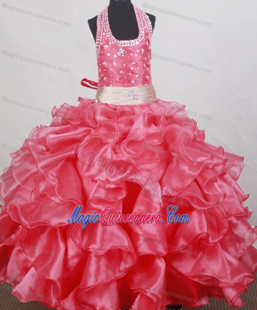 Beading and Ruffles Ball Gown Halter Top Little Girl Pageant Dress