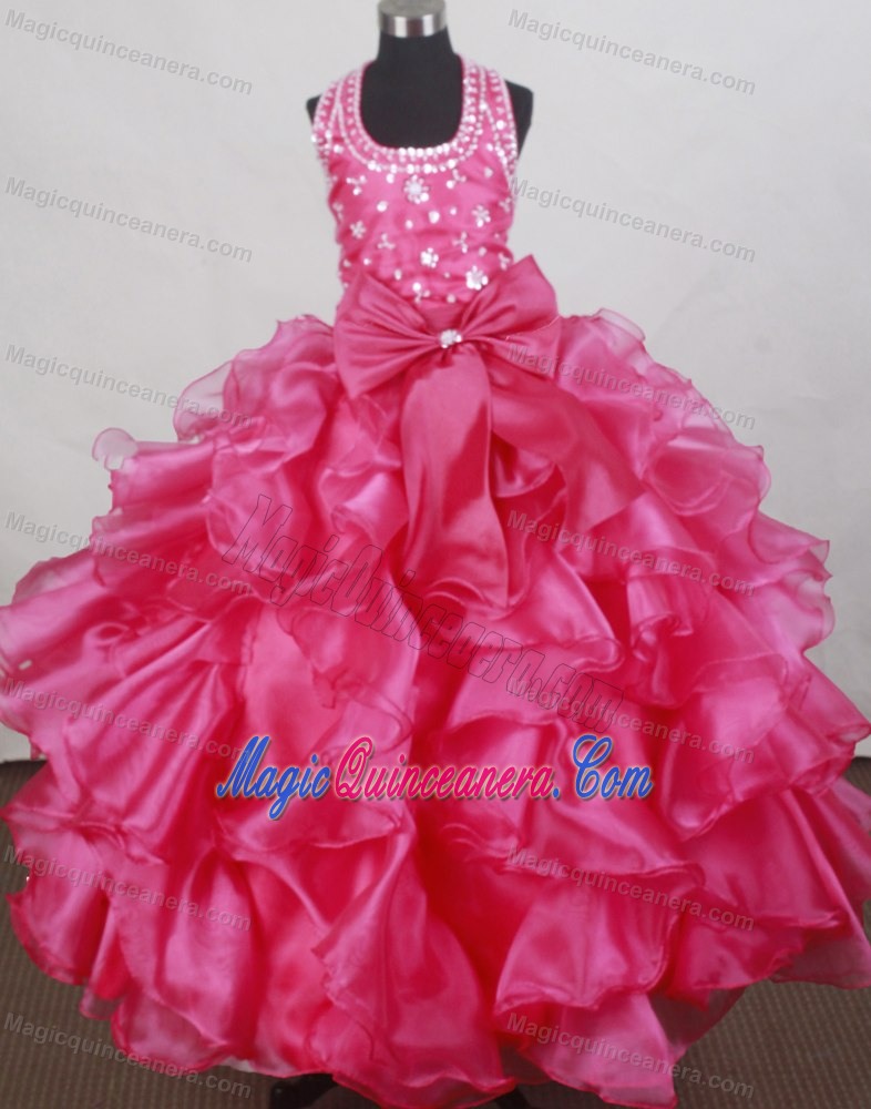 Halter Flower Girl Pageant Dress With Beading and Ruffled Layers