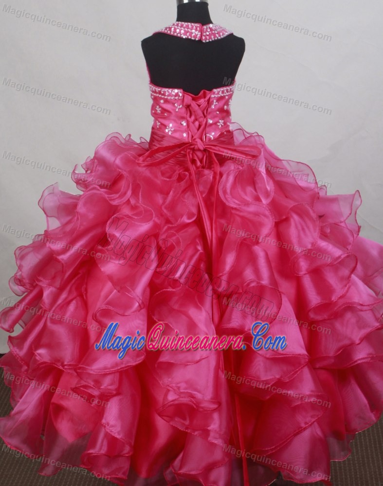 Halter Flower Girl Pageant Dress With Beading and Ruffled Layers