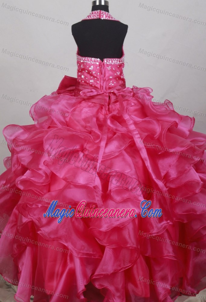Fuchsia Flower Girl Pageant Dress With Halter Neckline Beaded Bodice