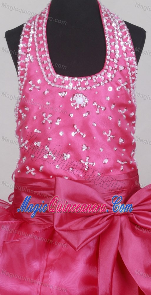 Fuchsia Flower Girl Pageant Dress With Halter Neckline Beaded Bodice