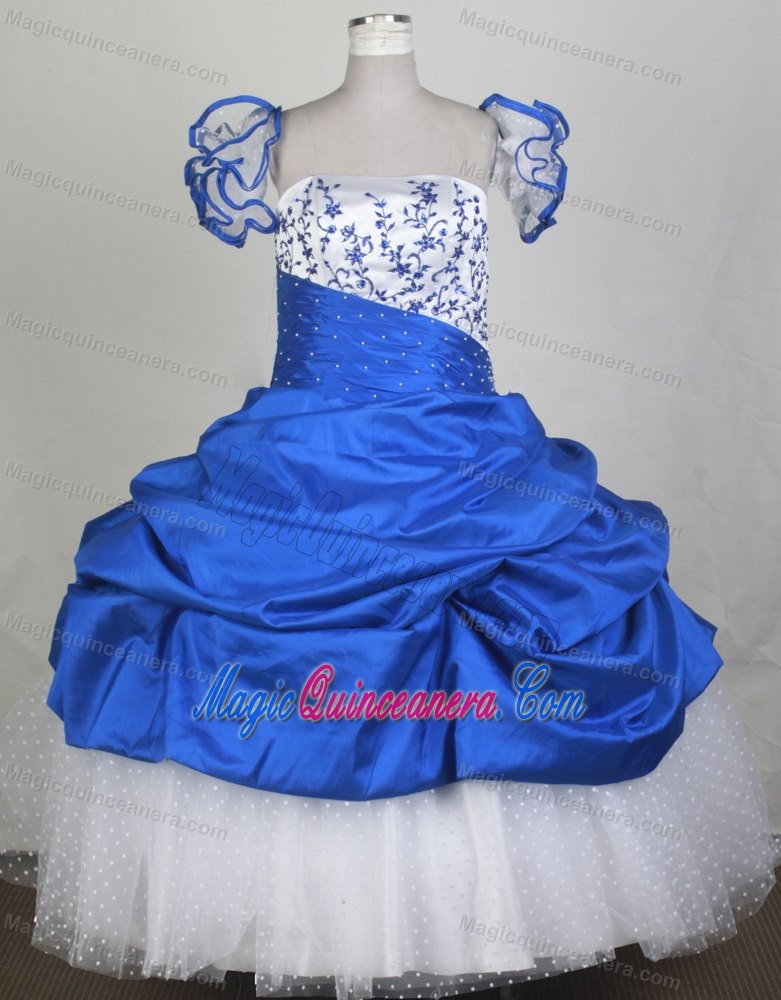2013 Custom Made Embroidery Blue and White Flower Girl Pageant Dress