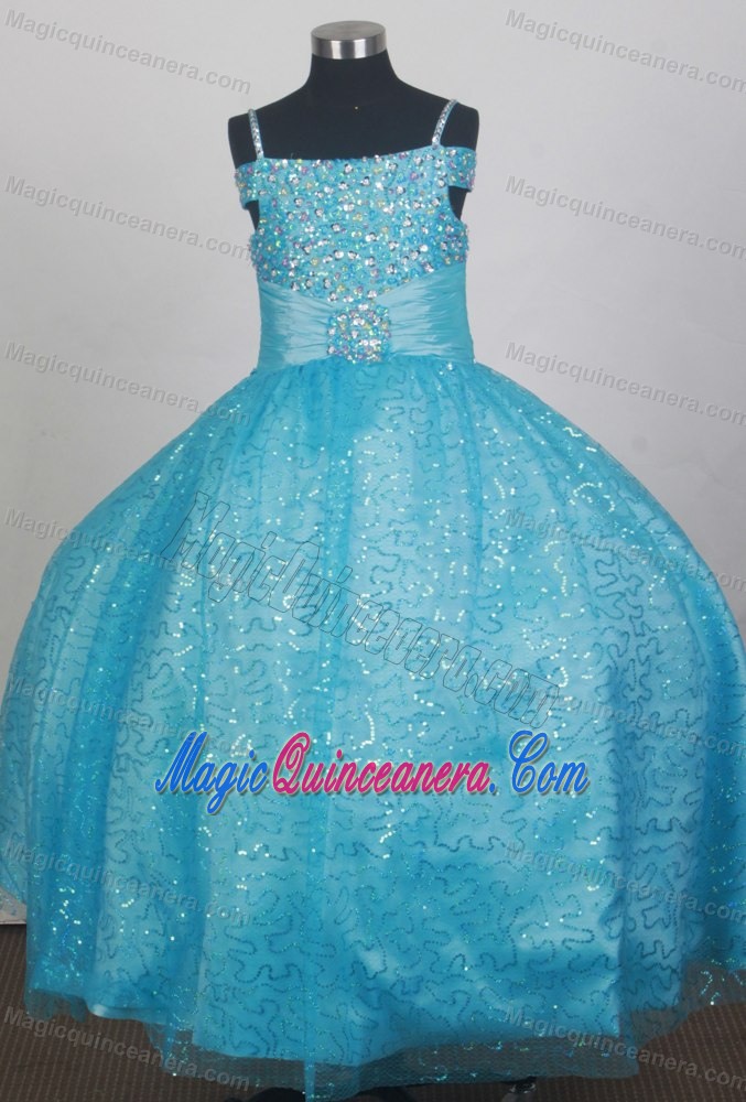 Light Blue Sequin Flower Girl Dress With Spaghetti Straps Beading
