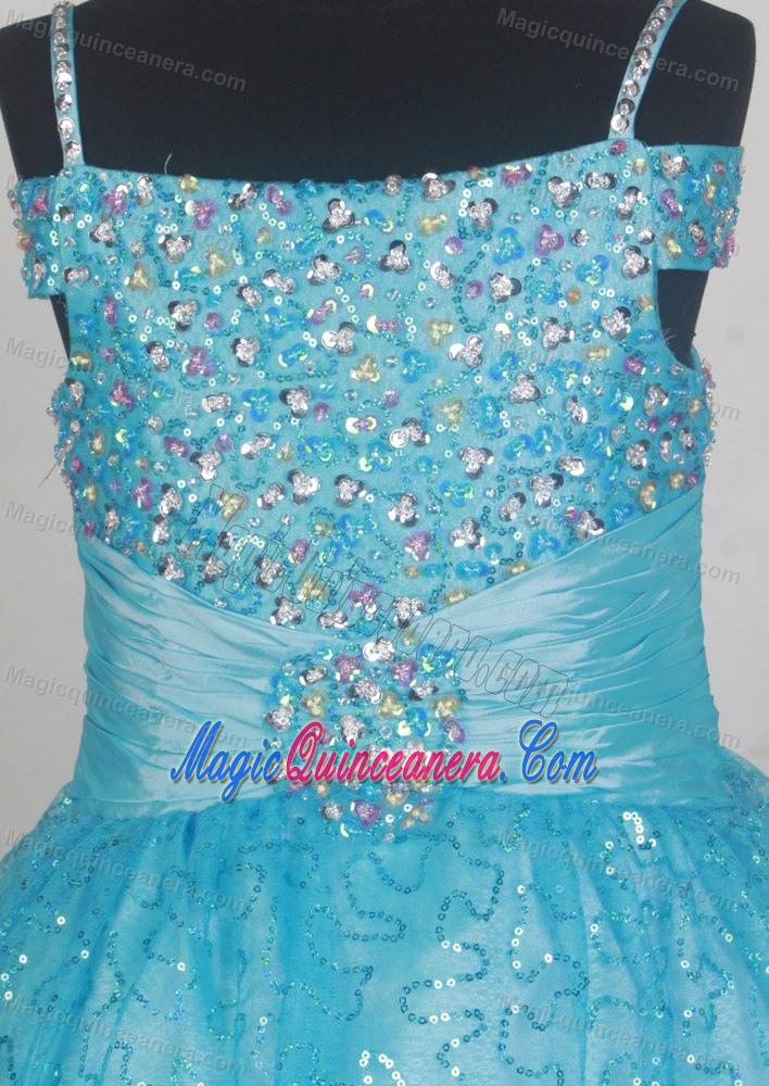 Light Blue Sequin Flower Girl Dress With Spaghetti Straps Beading