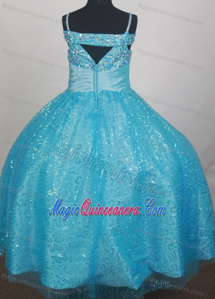 Light Blue Sequin Flower Girl Dress With Spaghetti Straps Beading