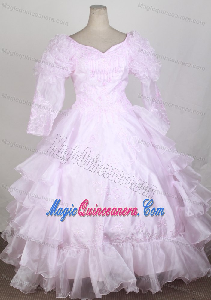 Baby Pink Long Sleeves and Ruffled Layers Flower Girl Pageant Dress