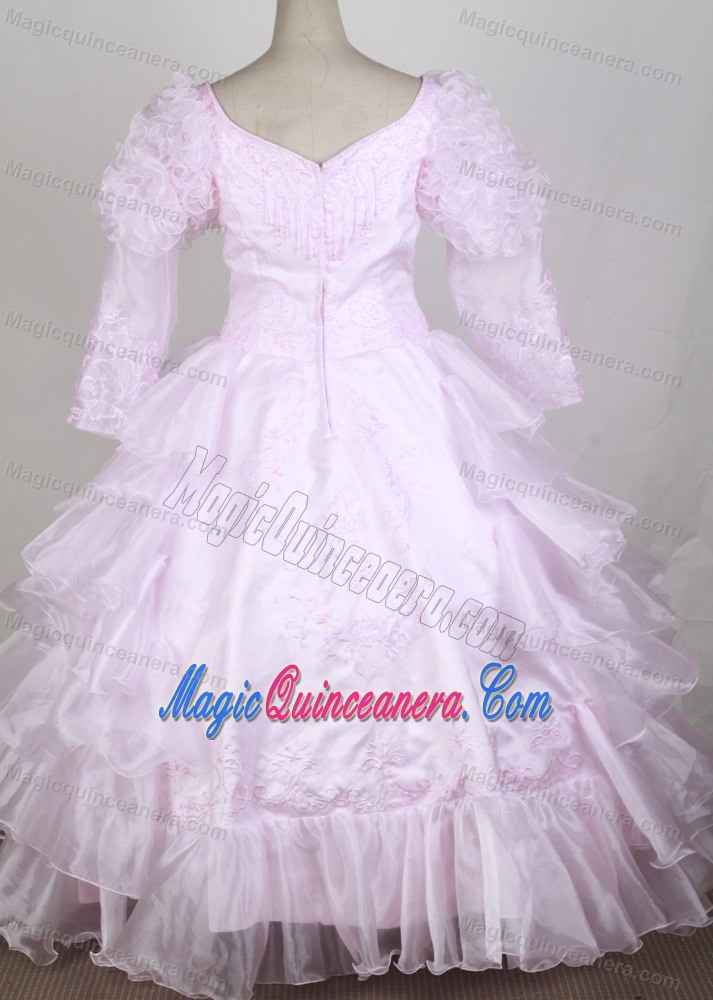 Baby Pink Long Sleeves and Ruffled Layers Flower Girl Pageant Dress