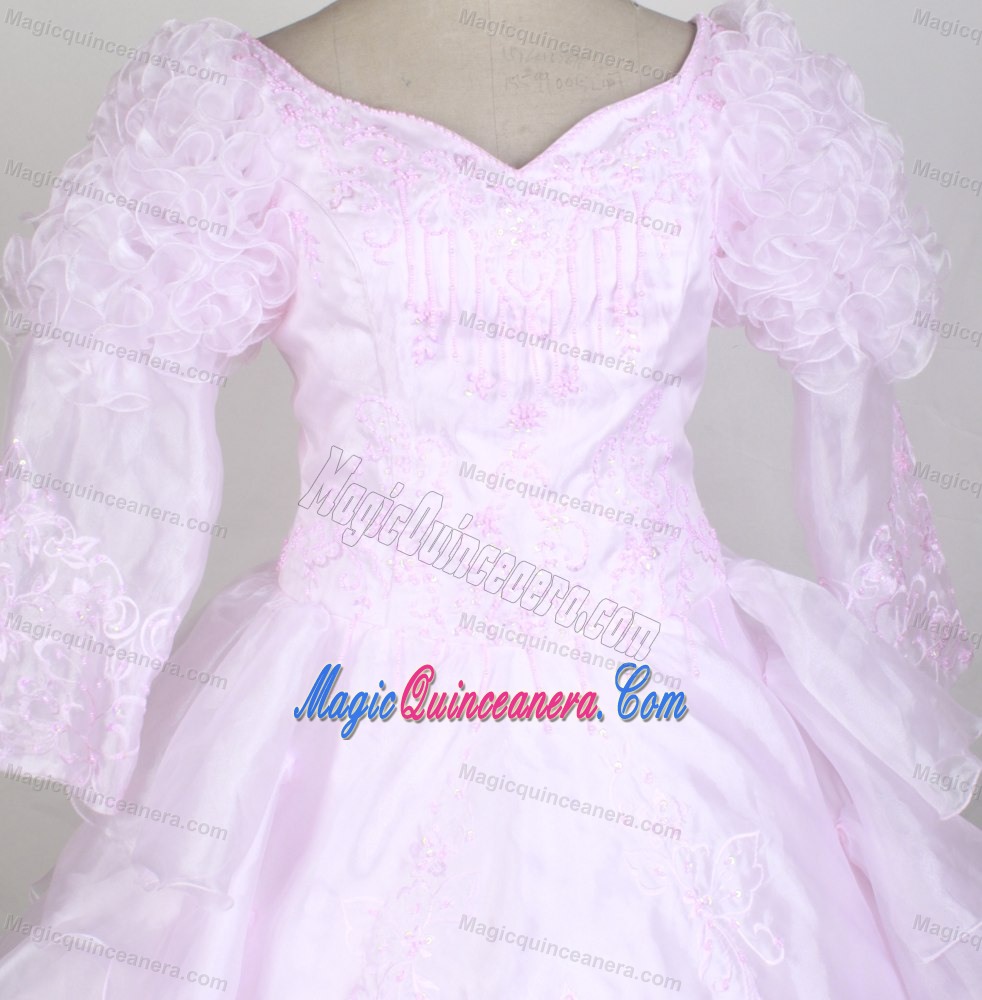 Baby Pink Long Sleeves and Ruffled Layers Flower Girl Pageant Dress