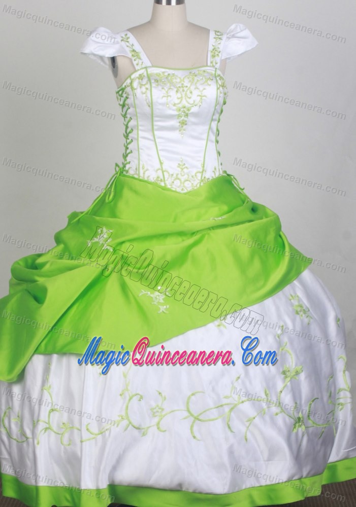 Square Neckline White and Spring Green Embroidery Kid Pageant Dress