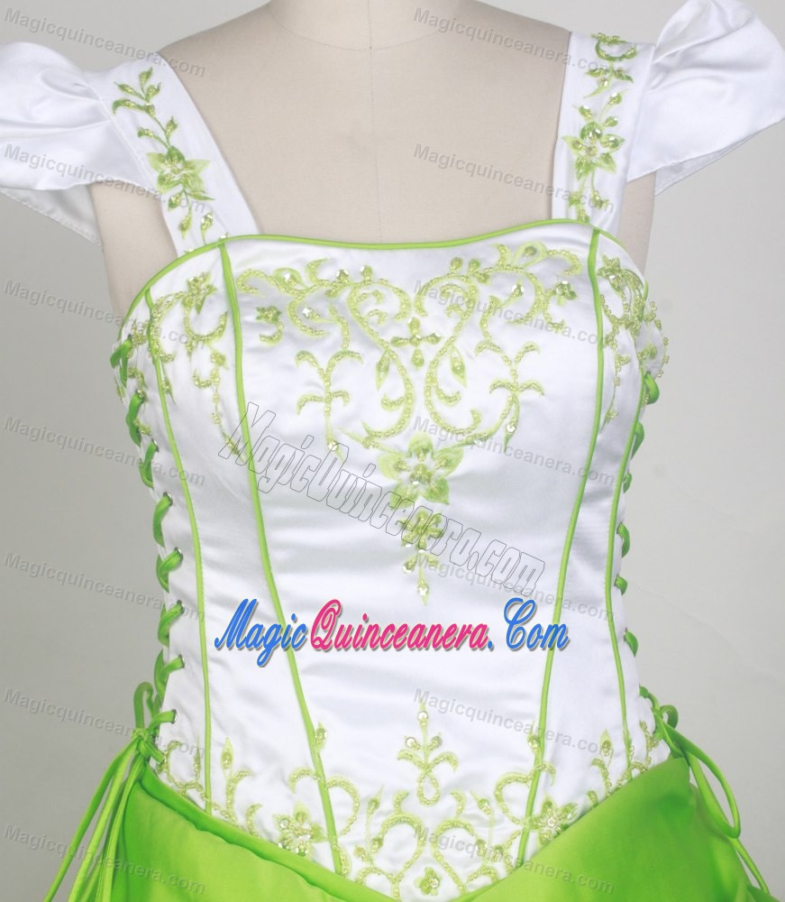Square Neckline White and Spring Green Embroidery Kid Pageant Dress