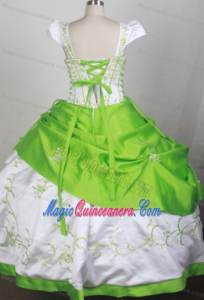 Square Neckline White and Spring Green Embroidery Kid Pageant Dress