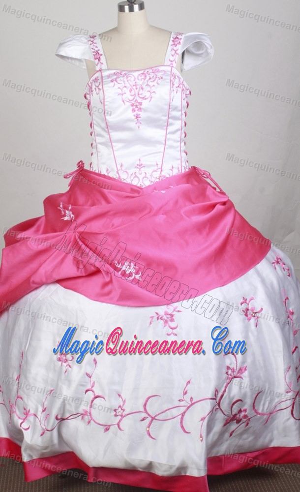White and Hot Pink Cap Sleeves Embroidered Kid Pageant Dresses