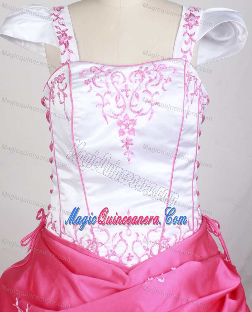 White and Hot Pink Cap Sleeves Embroidered Kid Pageant Dresses
