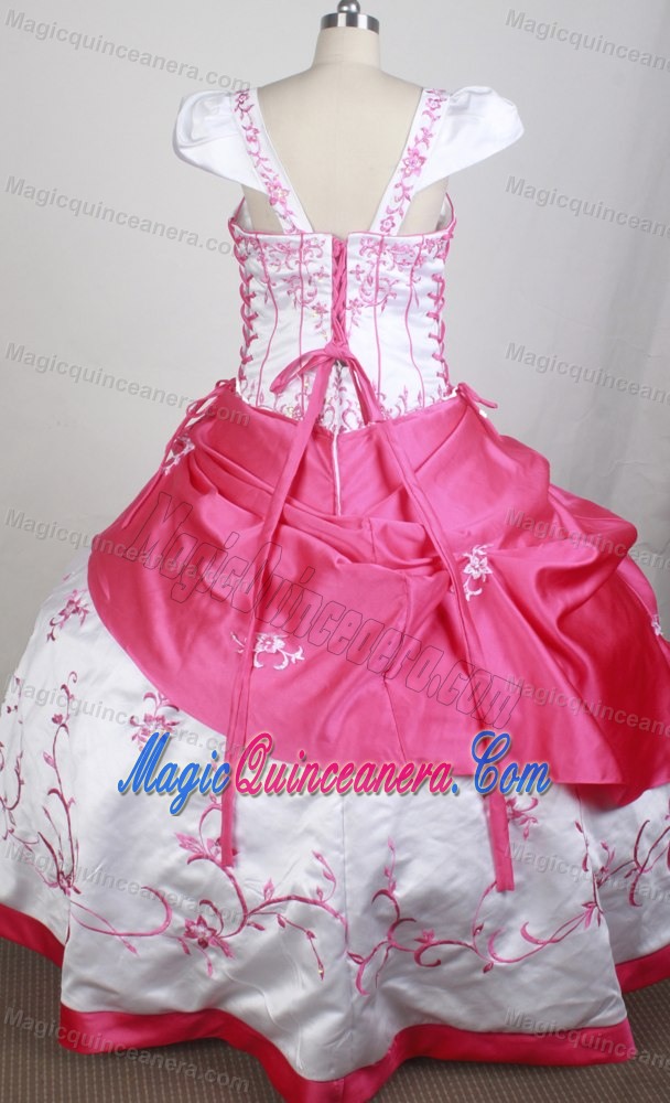 White and Hot Pink Cap Sleeves Embroidered Kid Pageant Dresses