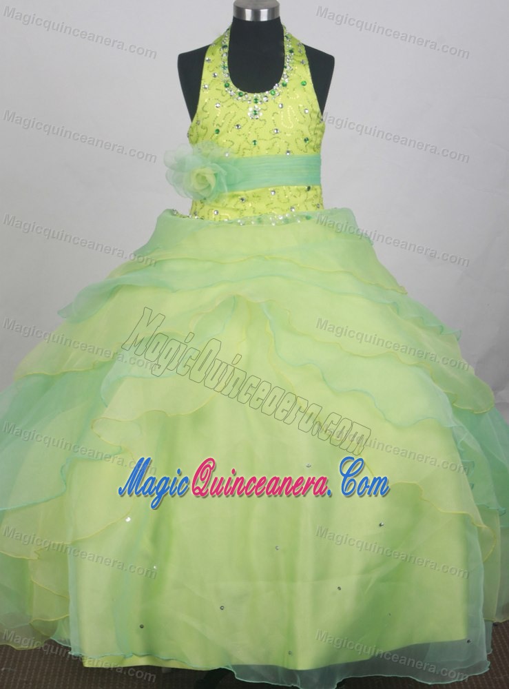 Sequins and Beading Decorate Halter Flower Girl Pageant Dress