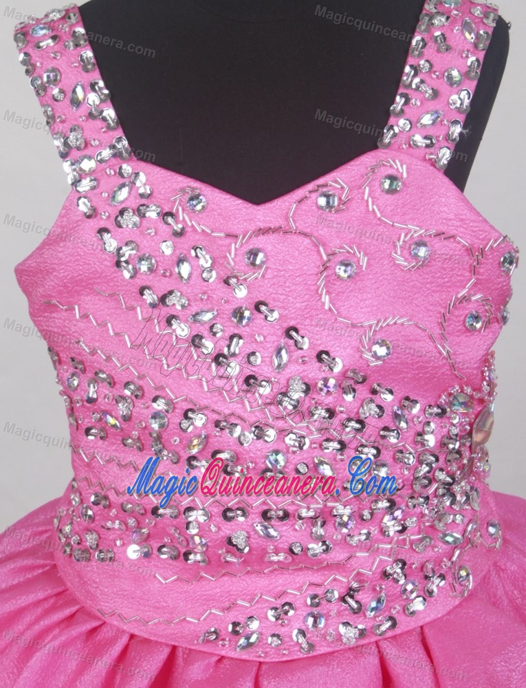 Hot Pink Straps Beaded Decorate Bodice Flower Girl Pageant Dress