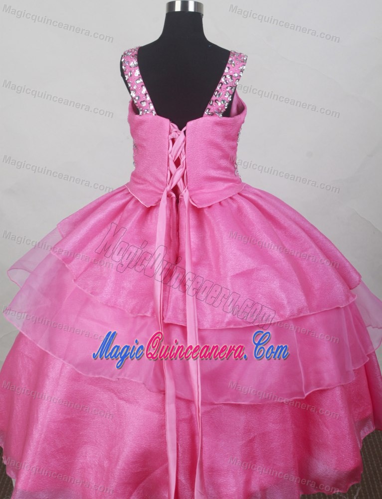 Hot Pink Straps Beaded Decorate Bodice Flower Girl Pageant Dress