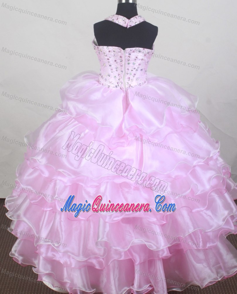 Baby Pink Flower Girl Pageant Dress With Beading and Ruffled Layers