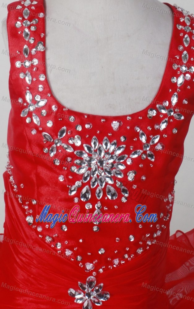 Red Pretty Scoop Neckline Beaded Decorate Little Girl Pageant Dress