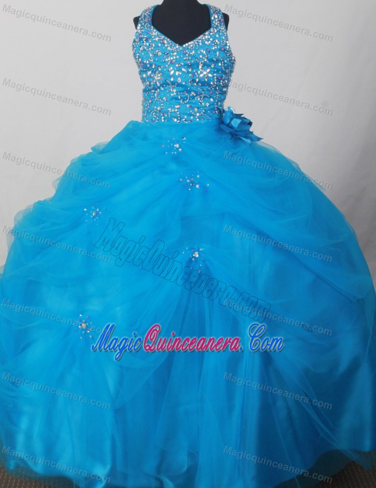 Blue Halter Flower Girl Pageant Dress With Beading and Flowers