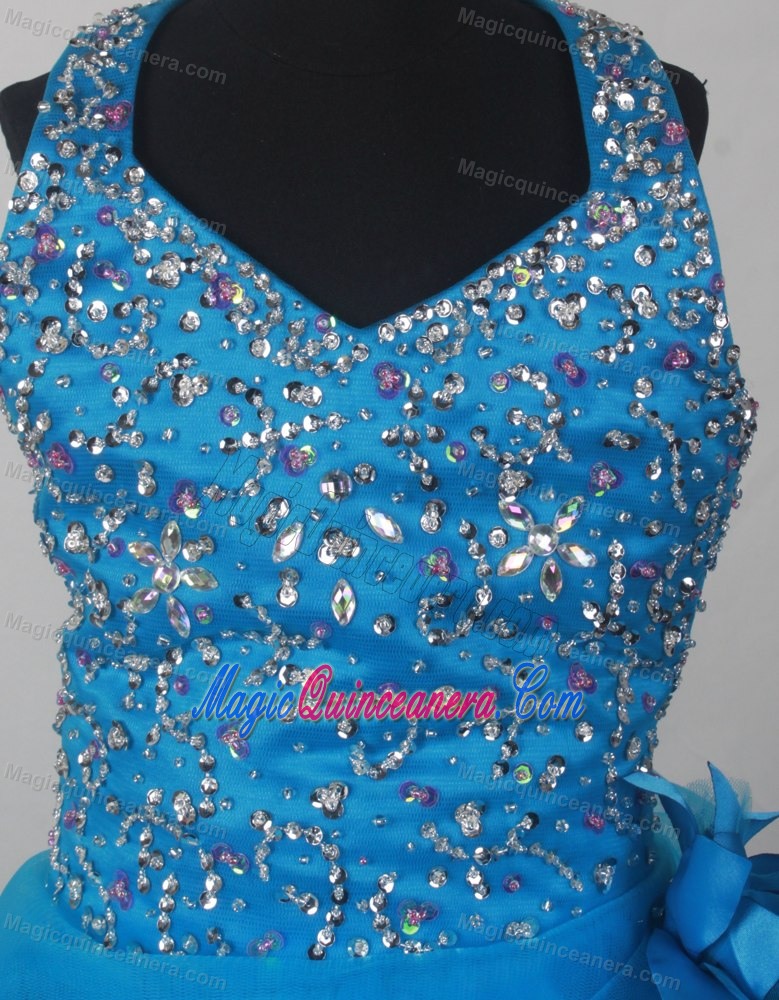 Blue Halter Flower Girl Pageant Dress With Beading and Flowers