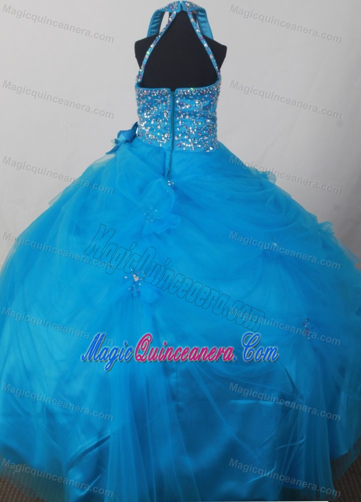 Blue Halter Flower Girl Pageant Dress With Beading and Flowers