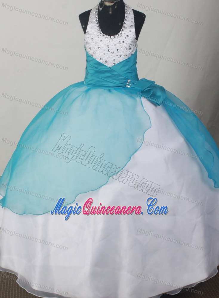 Beaded Decorate Halter Teal and White Flower Girl Pageant Dress