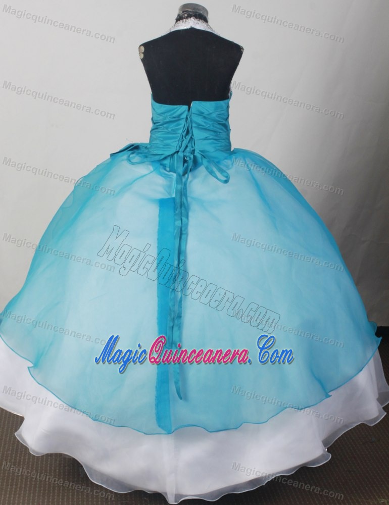 Beaded Decorate Halter Teal and White Flower Girl Pageant Dress