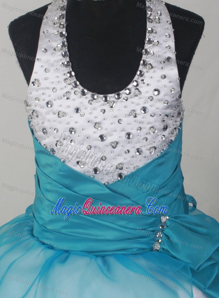 Beaded Decorate Halter Teal and White Flower Girl Pageant Dress