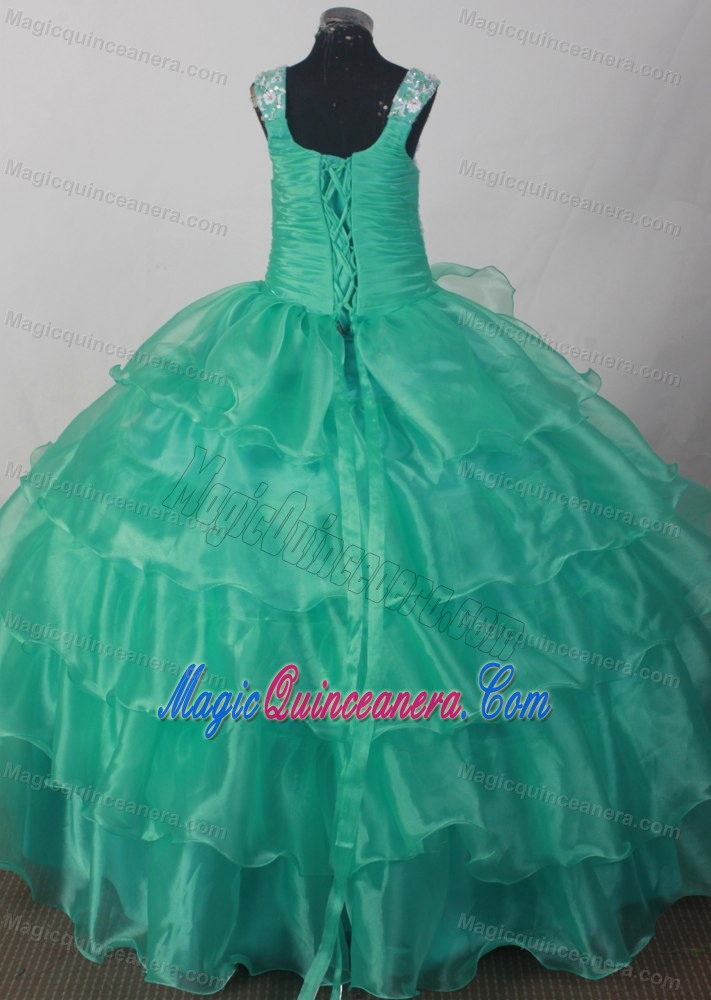 Appliques and Ruche Decorate Flower Girl Pageant Dress in Turquoise