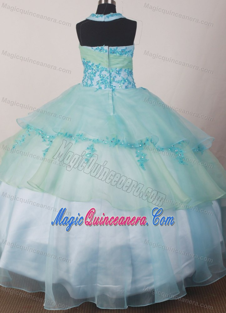 Apple Green and Light Blue Halter Glitz Pageant Dresses Appliques Accent
