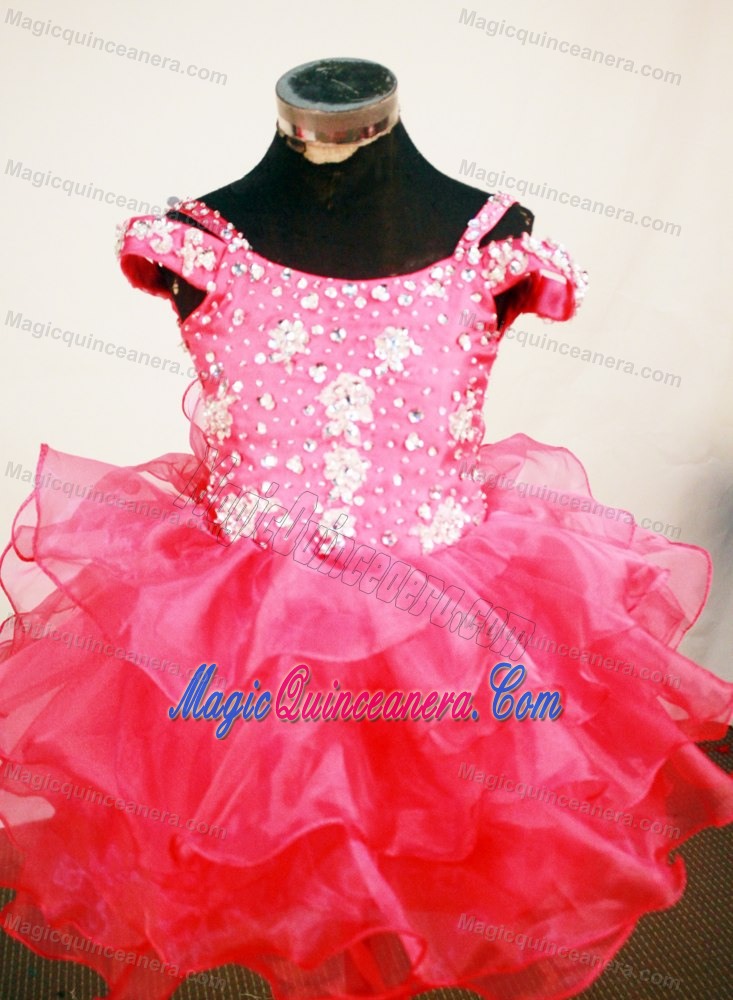 Hot Pink Beading Decorate Mini-length Straps Flower Girl Pageant Dress