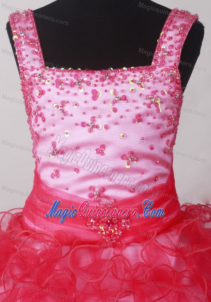 Straps Beading Ruffles for Organza Little Girl Pageant Dresses in Red