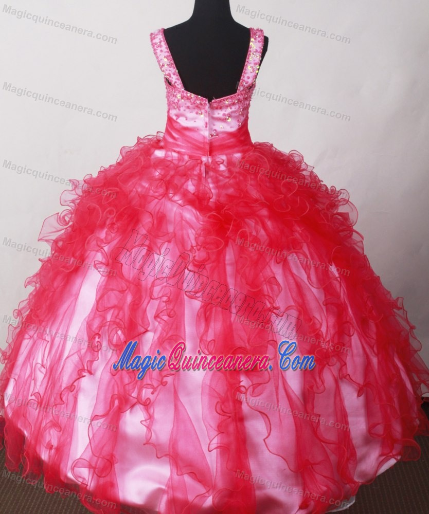 Straps Beading Ruffles for Organza Little Girl Pageant Dresses in Red