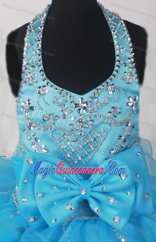Glitz Pageant Dresses in Aqua Blue with Bowknot and Ruffled Layers