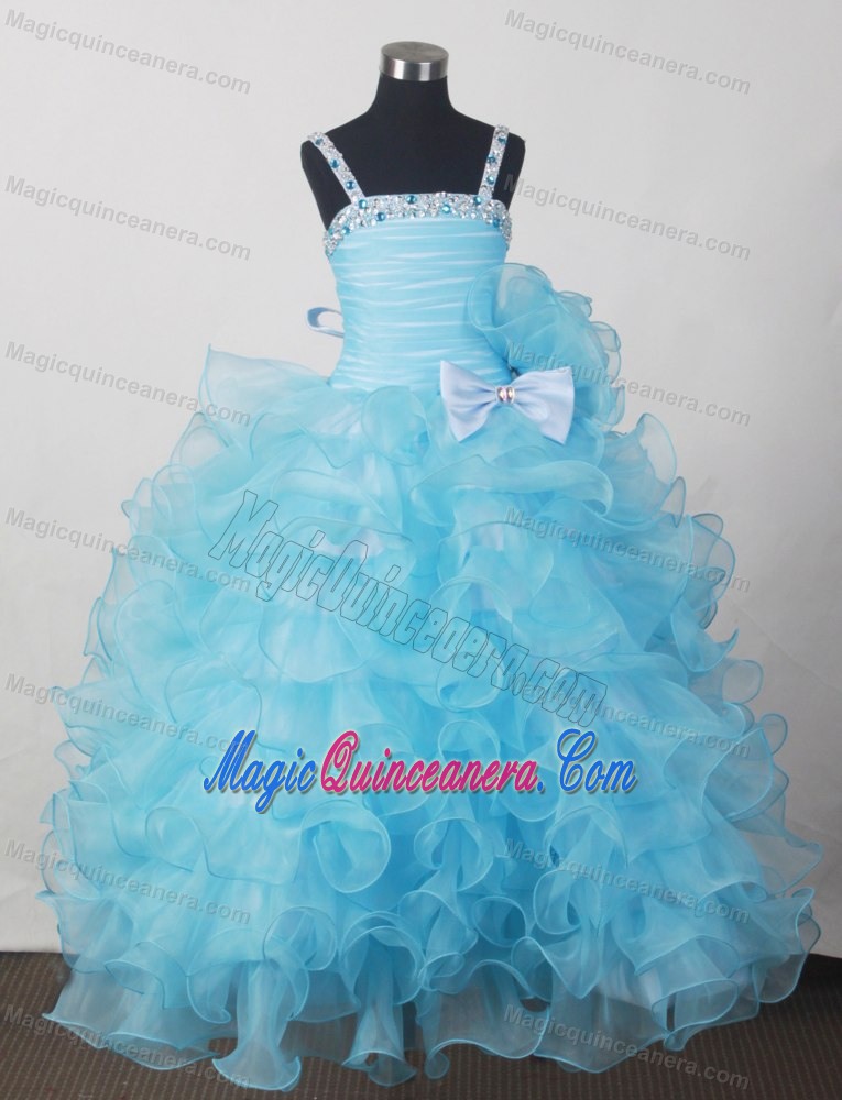 Aqua Blue Little Girl Pageant Dresses with Beading Bow and Ruffles