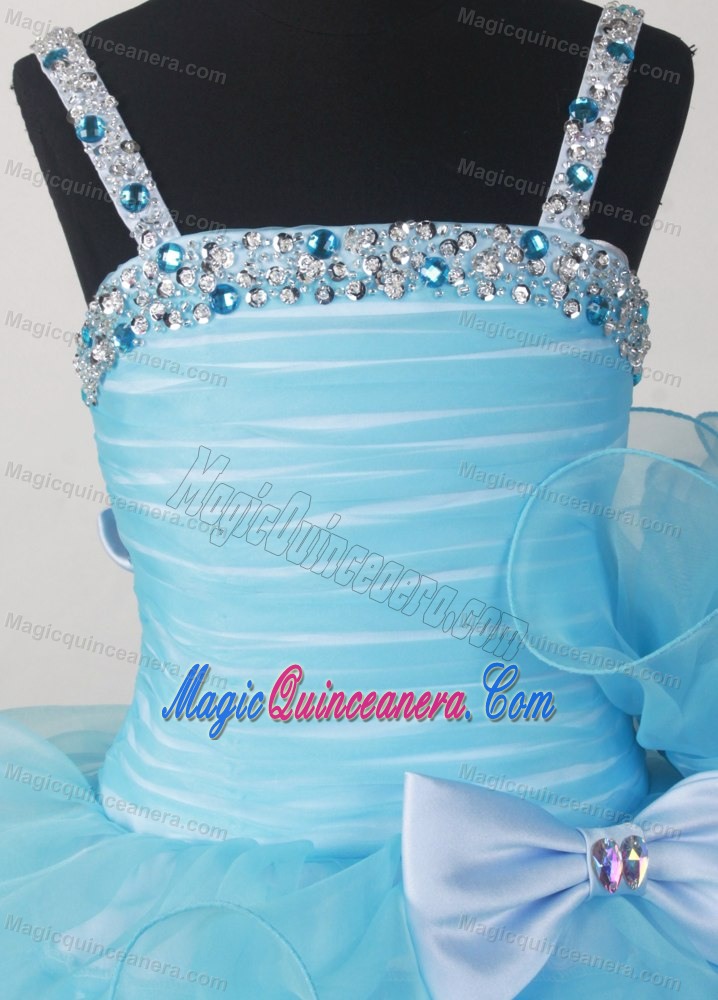 Aqua Blue Little Girl Pageant Dresses with Beading Bow and Ruffles