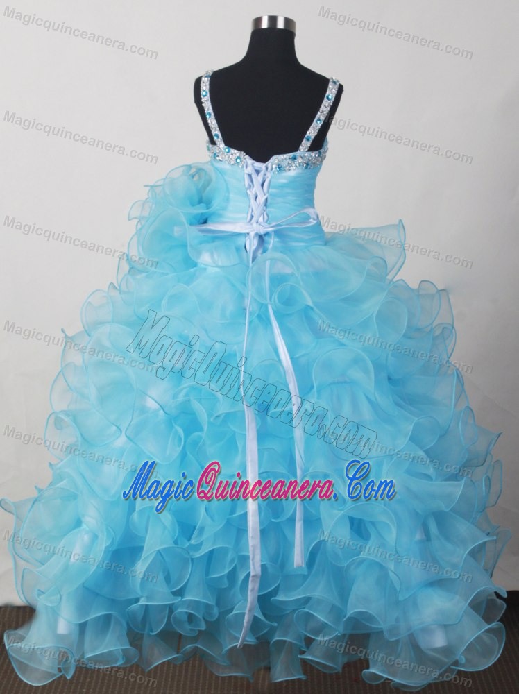 Aqua Blue Little Girl Pageant Dresses with Beading Bow and Ruffles