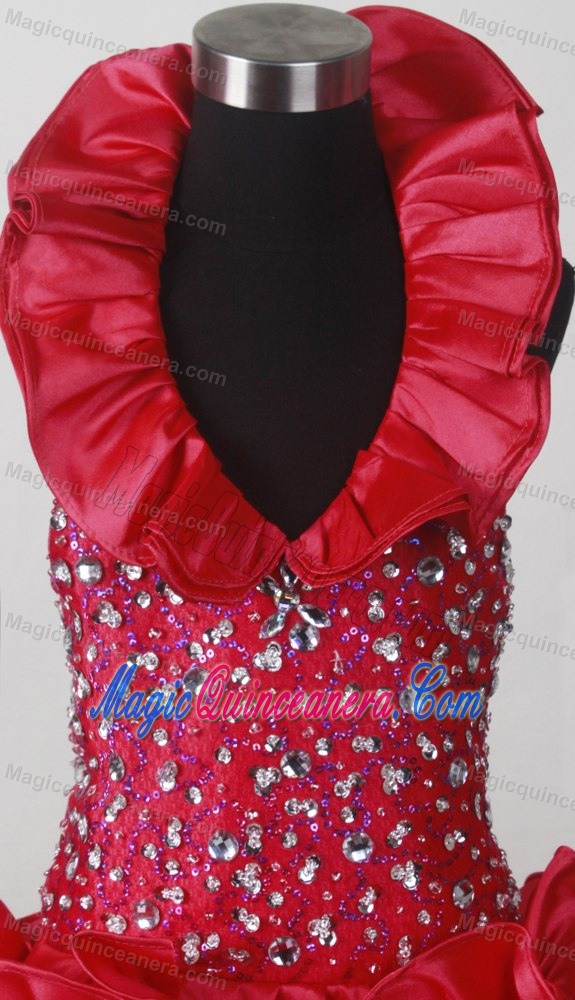 Flowers and Beading Accent Red Little Girl Pageant Dress with Halter