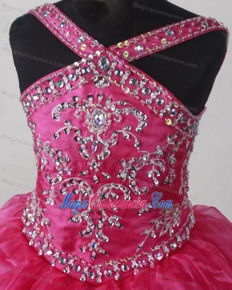 2013 Little Girl Pageant Dresses in Hot pink with V-neck and Beading