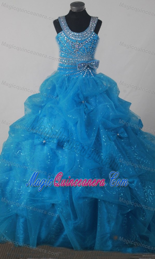 Baby Blue Beading Pick-ups Little Girl Pageant Dress Scoop Neckline
