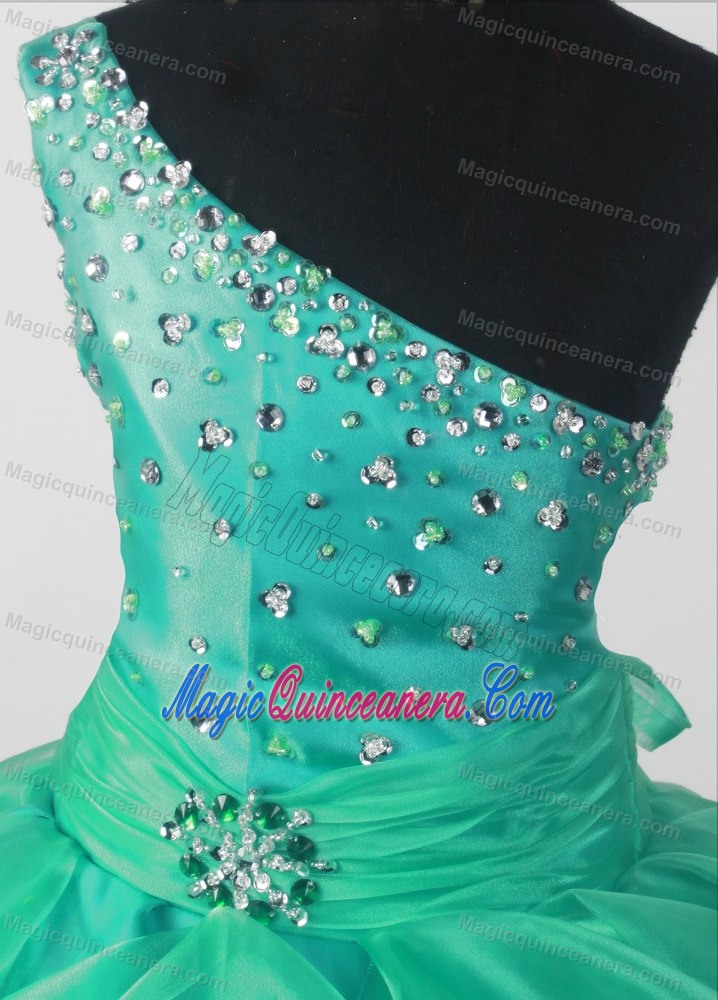 One-shoulder Green Beading Little Girl Pageant Dress in Maine
