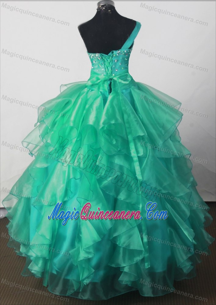One-shoulder Green Beading Little Girl Pageant Dress in Maine