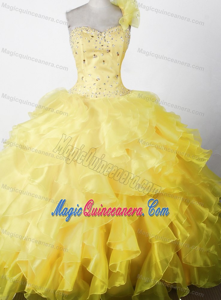 2014 Yellow One Shoulder Little Girl Pageant Dress Ruffles Decorate