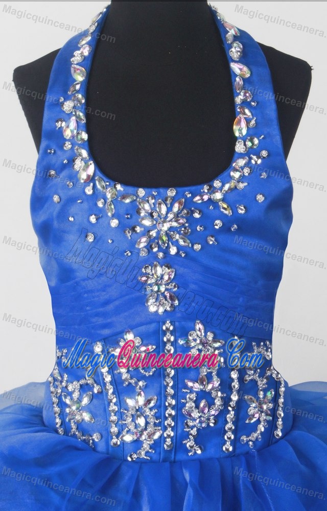 Ryal Blue Ruffles and Beading for Little Girl Pageant Dress with Halter
