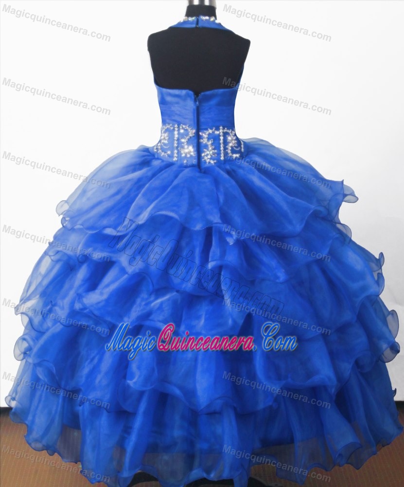 Ryal Blue Ruffles and Beading for Little Girl Pageant Dress with Halter